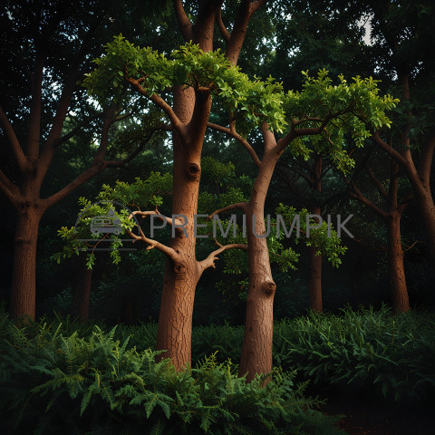 Lush Green Forest with Unique Tree Formations