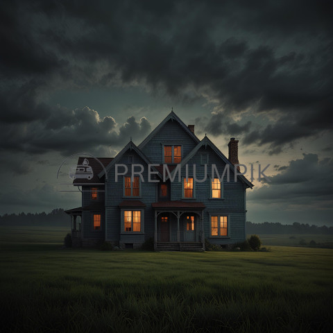 Mysterious Haunted House with Glowing Windows Under a Stormy Sky