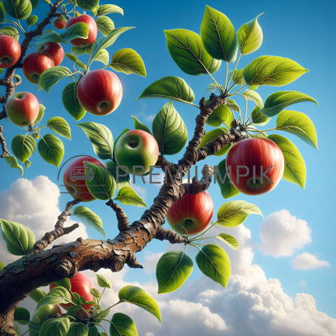 Sunlit Apple Tree Branch with Ripe Red Apples Against Blue Sky