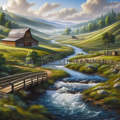 Sky ,mountain, tree , water, house
