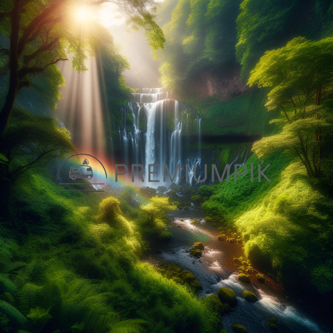 waterfall, tree, rainbow , sun
